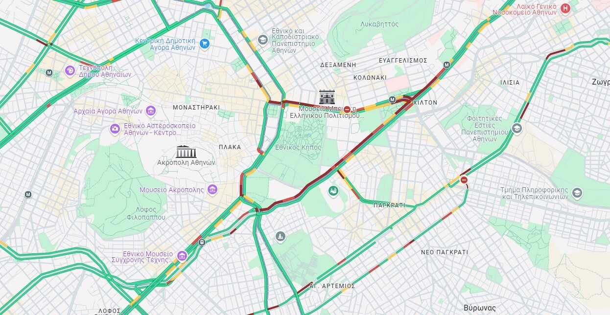 Χάρτης με την κίνηση στο κέντρο της Αθήνας μετά το σοβαρό τροχαίο στη Βασιλίσσης Σοφίας, 2 Σεπτεμβρίου 2024