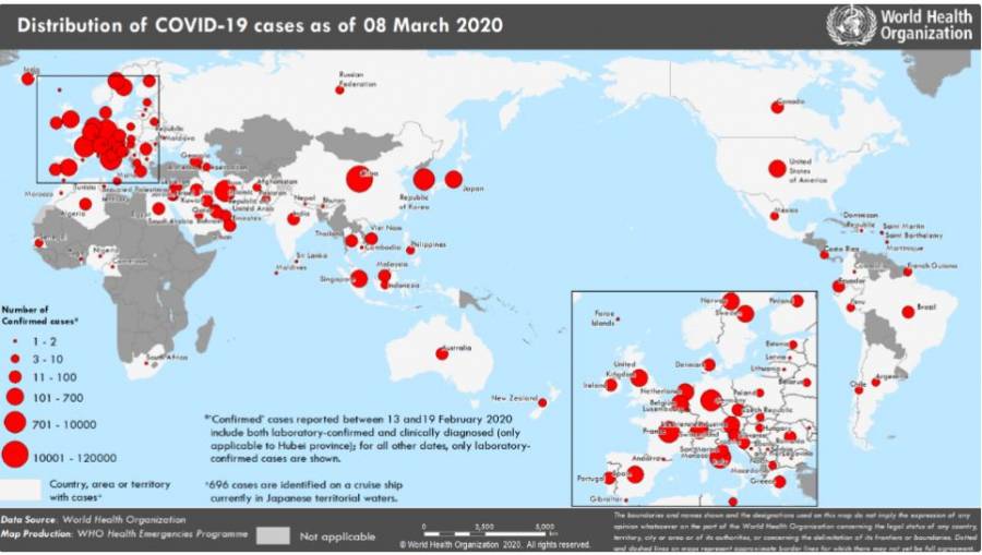 Γεωγραφική κατανομή κρουσμάτων COVID-19, 31 Δεκεμβρίου 2019 έως 8 Μαρτίου 2020